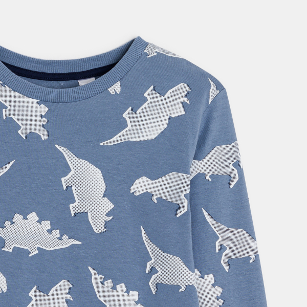 بيجاما جيرسي زرقاء طويلة من قطعتين مطبوع عليها ديناصور